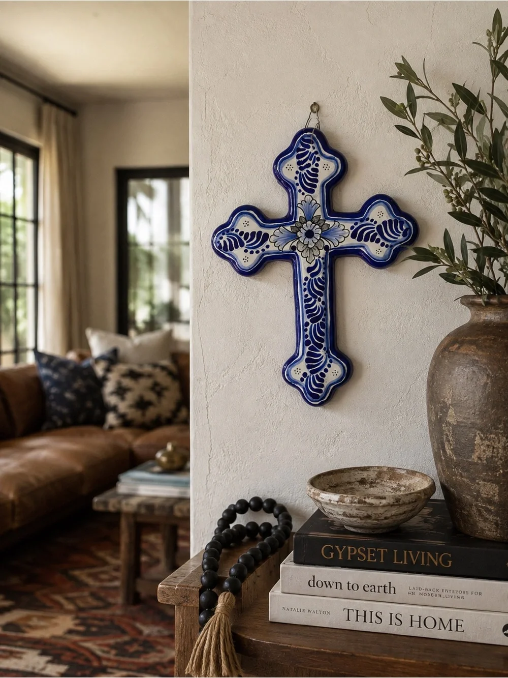 Handcrafted Talavera Ceramic Wall Cross Puebla Mexico Hernandez Blue White 7”